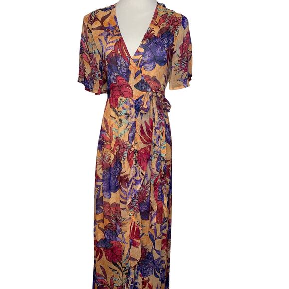 NWT Raga Monique Wrap Maxi Dress Orange Pink Purple Tropical Print Sz Small - Picture 1 of 13